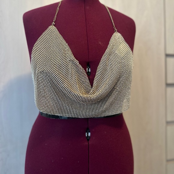 BEAUTIFUL Top Chic Crystal Golden Rhinestone Crystal Metal Mesh Backless Halter - Picture 3 of 4